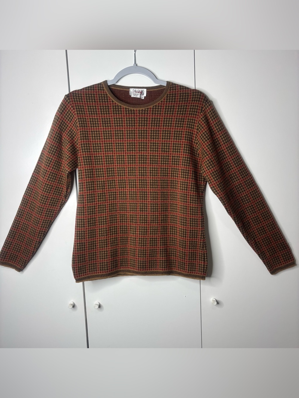 bill blass Red and Brown Checked Crewneck Sweater